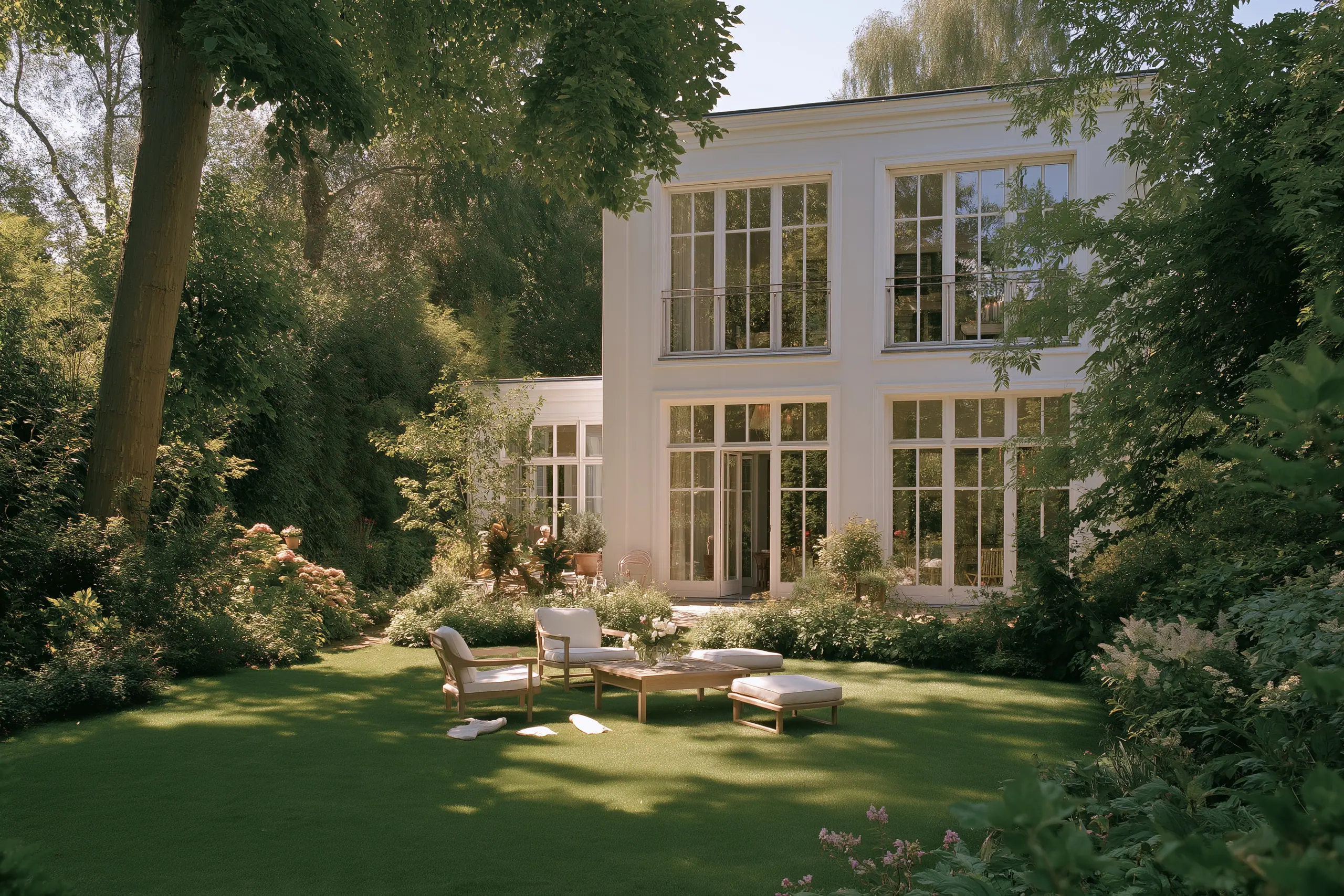 Helle Villa mit hohen Sprossenfenstern, davor Gartenmöbel auf dem Rasen im warmen Abendlicht