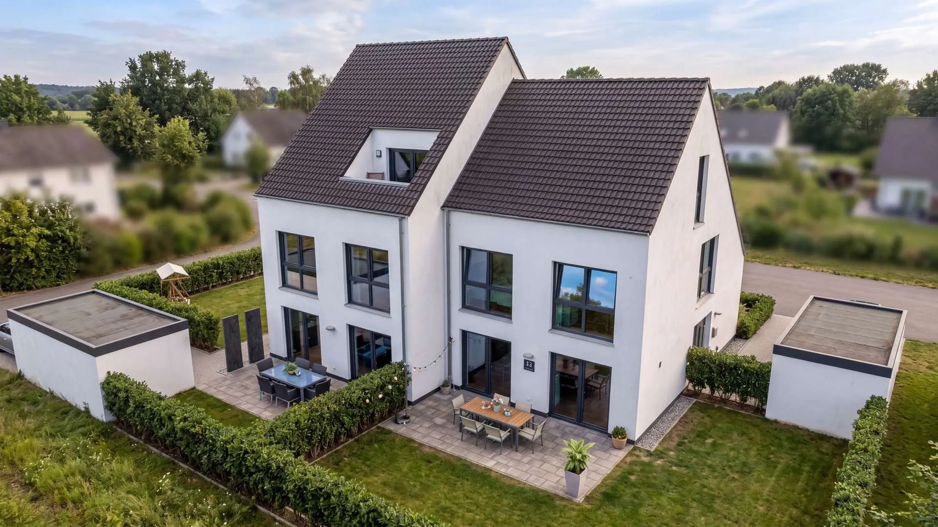 Weiße Neubau-Doppelhaushälfte mit dunklem Satteldach, Terrasse und Garten in Münster-Handorf, Luftaufnahme