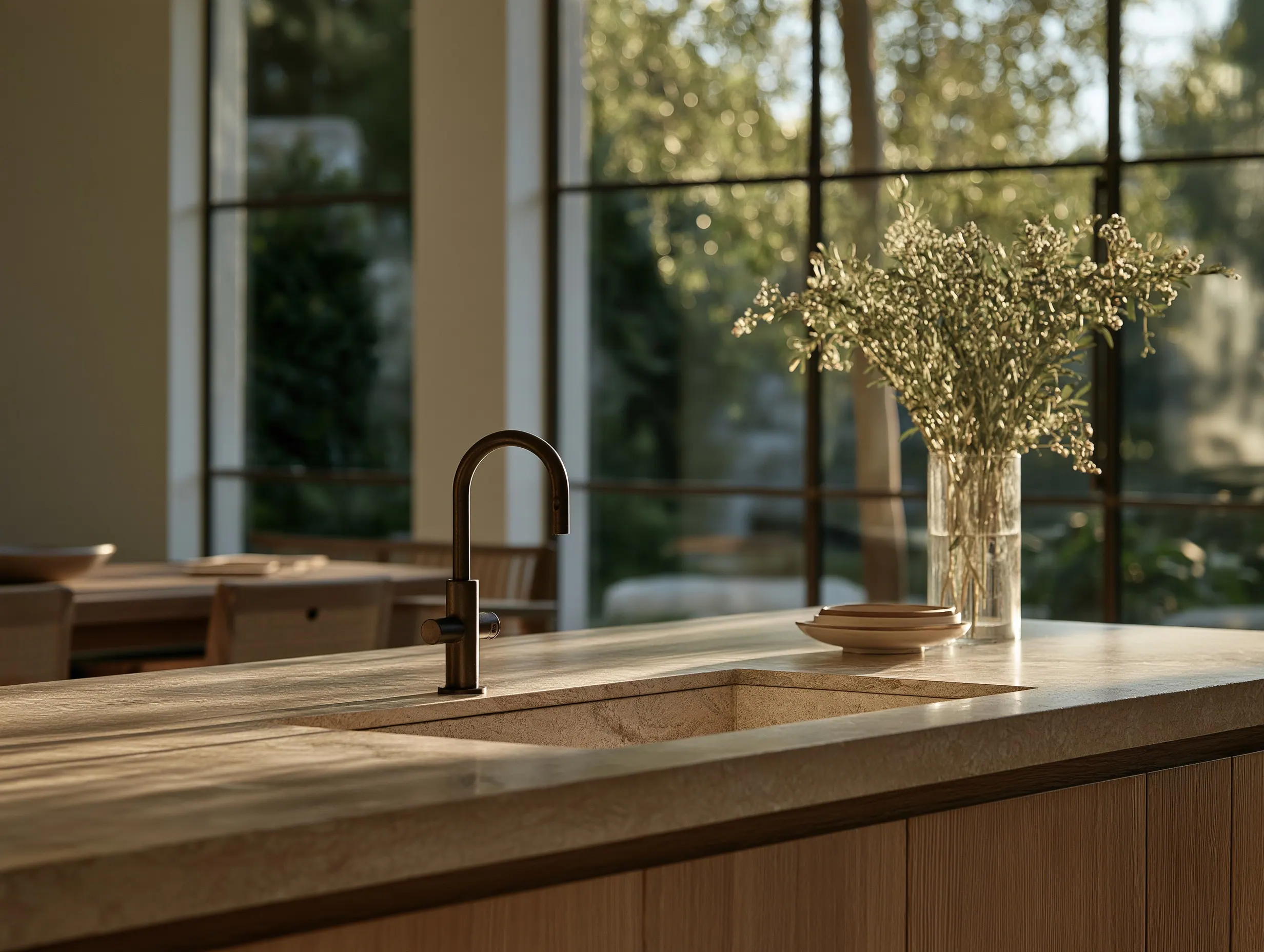 Helle Küche mit Natursteinarbeitsplatte, Blumenvase und großen Sprossenfenstern zum Garten