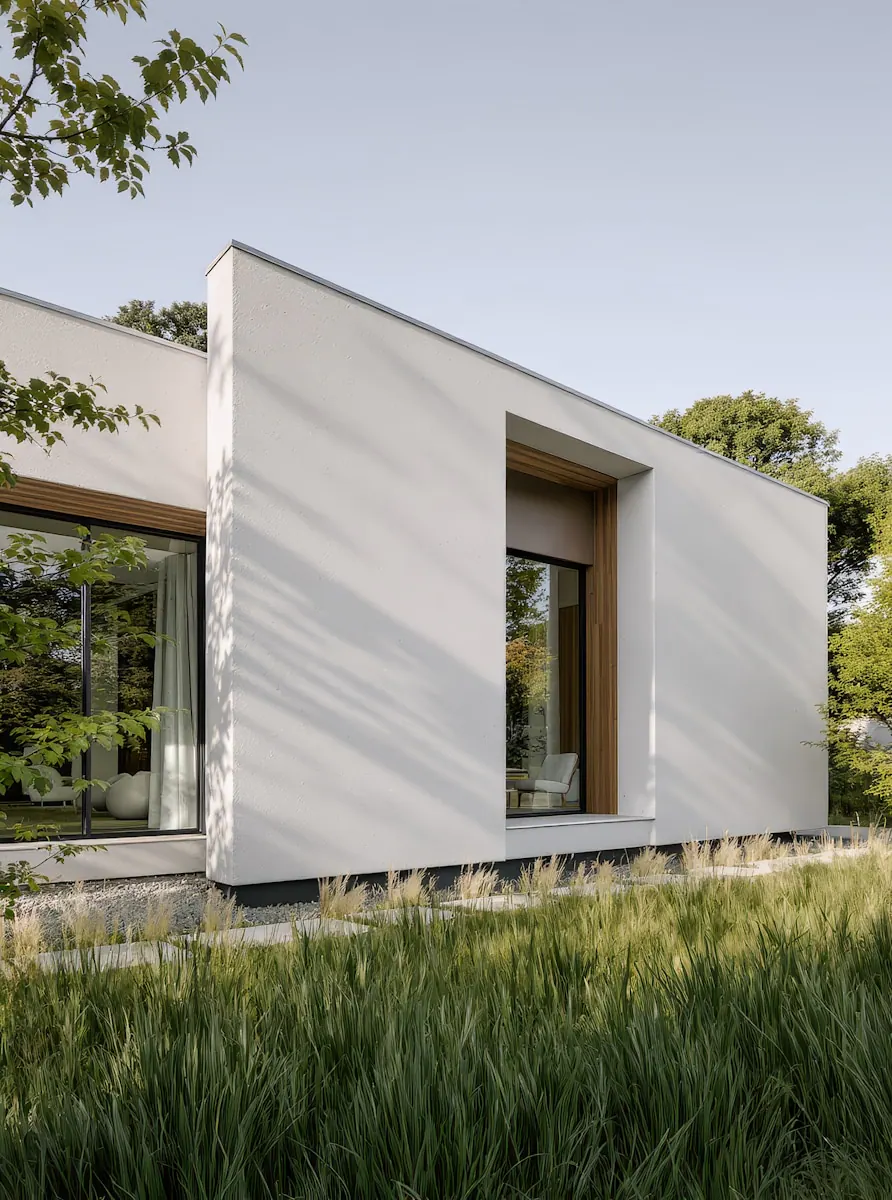 Minimalistisches weißes Wohnhaus mit tiefen Fensterlaibungen über einer Wiese aus hohem Gras